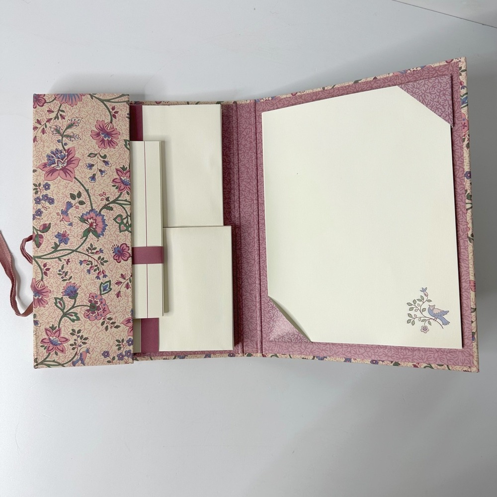 Vtg Floral Fabric Stationery Set Portfolio Bird Motif Paper Envelopes Cottage